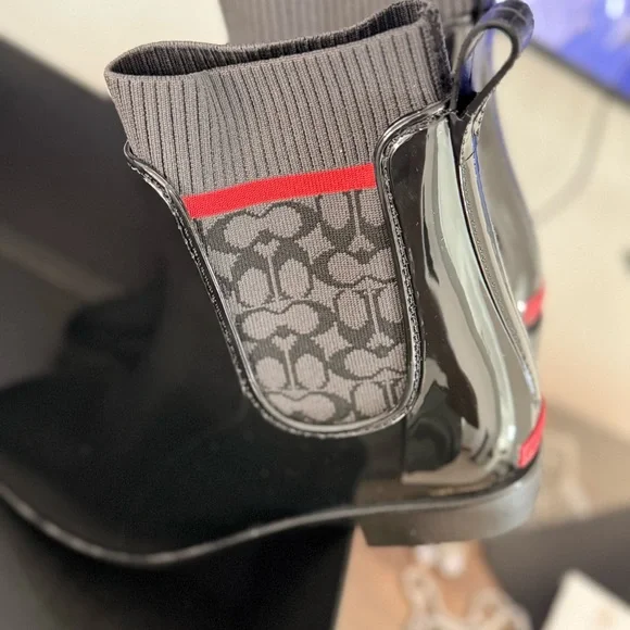 Coach Black Patent Chelsea Boot with Signature Ankle Panel and Red Stripe - Picture 3 of 5